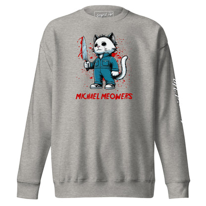 Gray Michael Meowers Sweatshirt by Amp'd Up Custom featuring a cat in a blue jumpsuit holding a bloody knife graphic