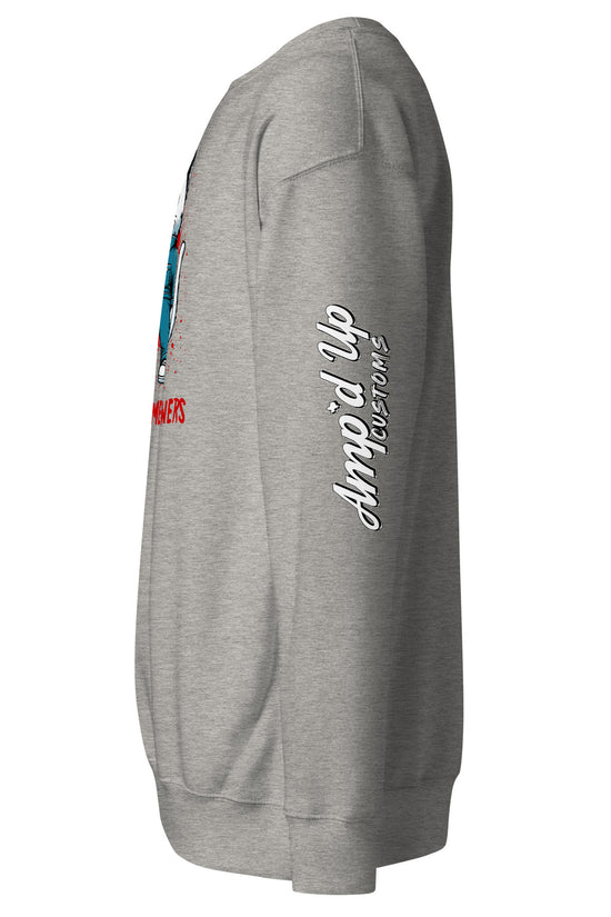 Gray Michael Meowers Sweatshirt by Amp'd Up Custom with logo printed on sleeve