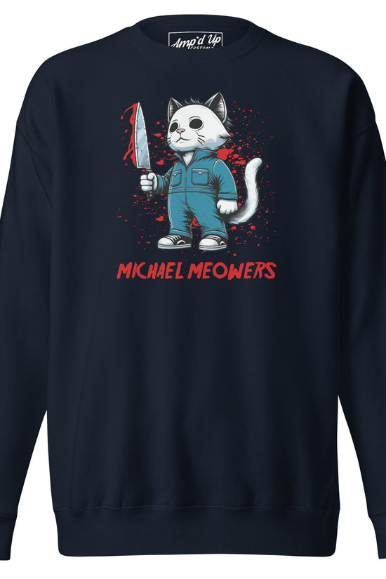 Michael Meowers Sweatshirt by Amp'd Up Custom featuring a cartoon cat holding a bloodied knife on a black sweatshirt