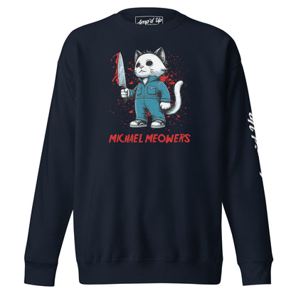 Michael Meowers Sweatshirt by Amp'd Up Custom featuring a cartoon cat holding a bloodied knife on a black sweatshirt