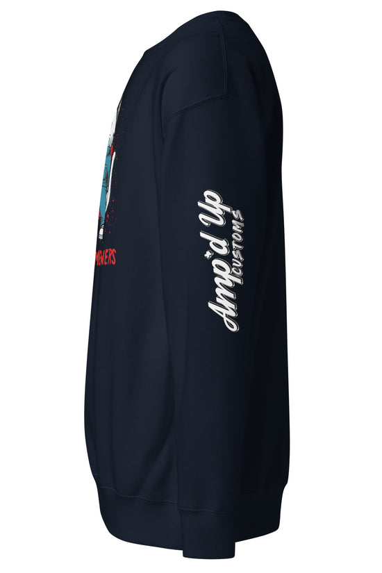 Side view of navy Michael Meowers Sweatshirt by Amp'd Up Custom with logo on sleeve