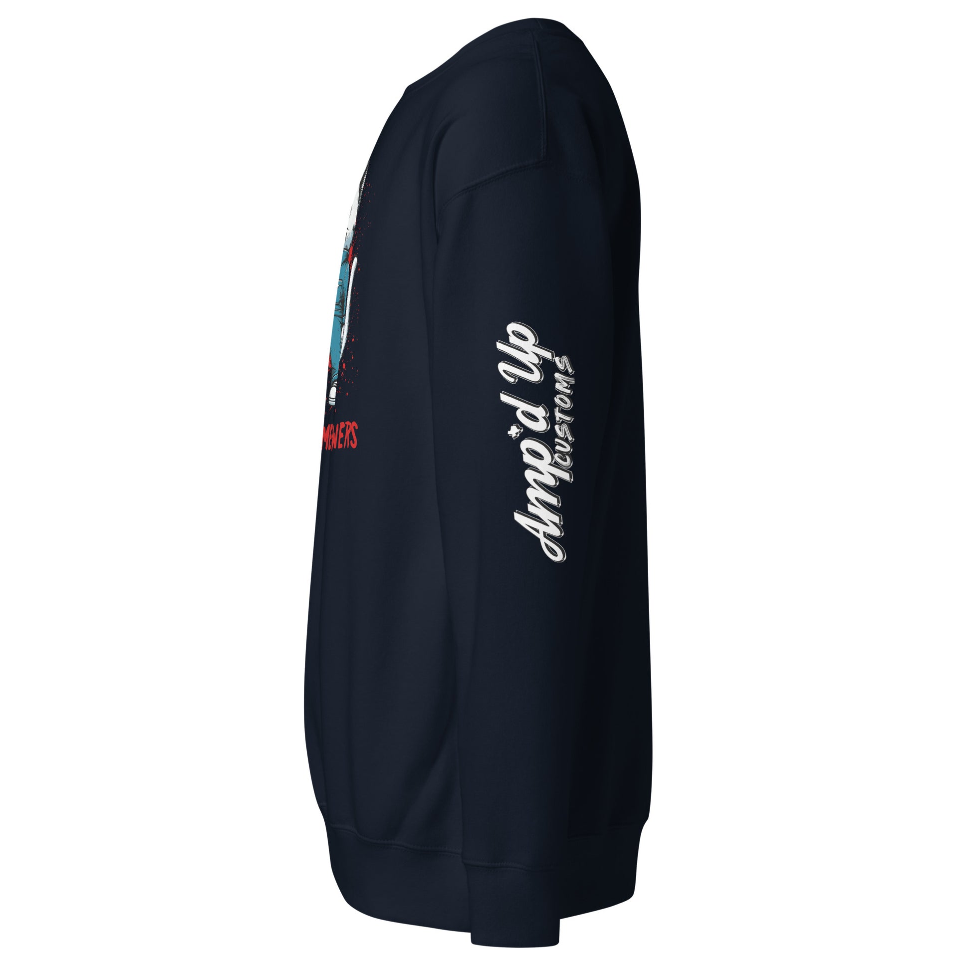 Side view of navy Michael Meowers Sweatshirt by Amp'd Up Custom with logo on sleeve