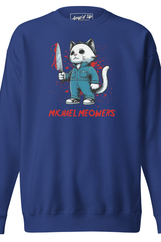 Michael Meowers Sweatshirt by Amp'd Up Custom featuring a cat in a blue jumpsuit holding a knife with red text on navy blue