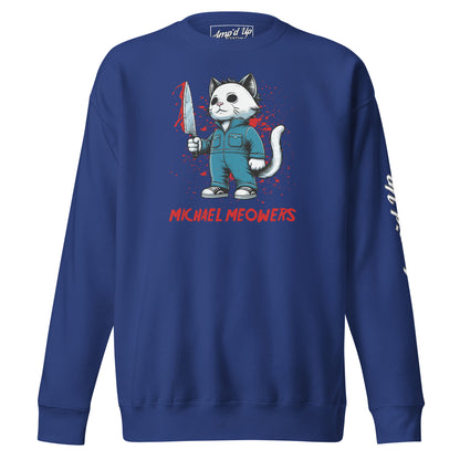 Michael Meowers Sweatshirt by Amp'd Up Custom featuring a cat in a blue jumpsuit holding a knife with red text on navy blue