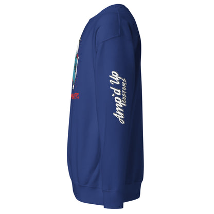 Blue Michael Meowers Sweatshirt by Amp'd Up Custom with logo printed on the sleeve