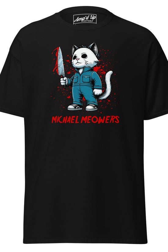 Black Michael Meowers T-Shirt by Amp'd Up Custom featuring a cat in a jumpsuit holding a knife graphic