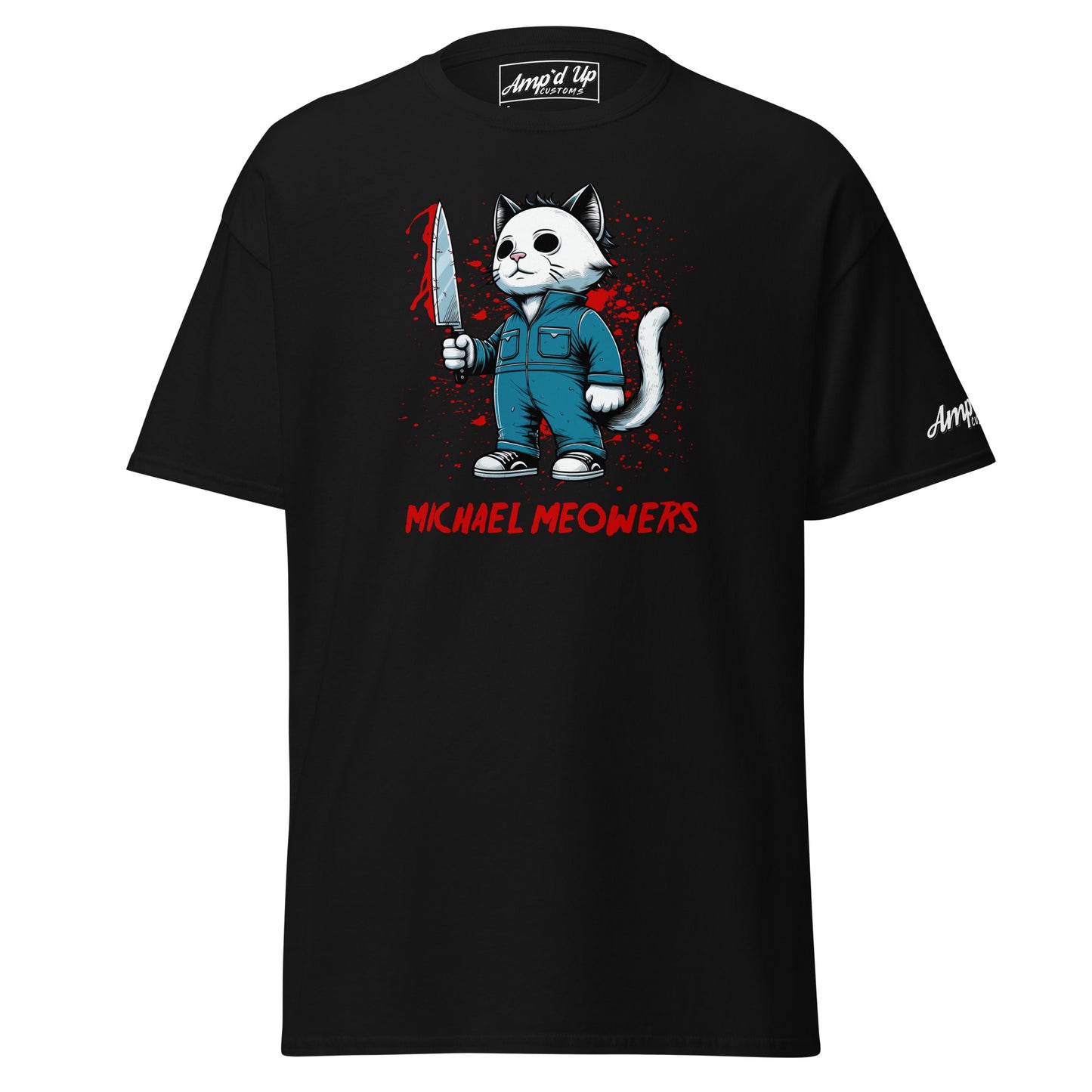 Black Michael Meowers T-Shirt by Amp'd Up Custom featuring a cat in a jumpsuit holding a knife graphic