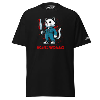 Black Michael Meowers T-Shirt by Amp'd Up Custom featuring a cat in a jumpsuit holding a knife graphic