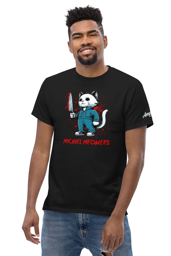 Black Michael Meowers T-Shirt by Amp'd Up Custom featuring a cat in a blue jumpsuit holding a knife