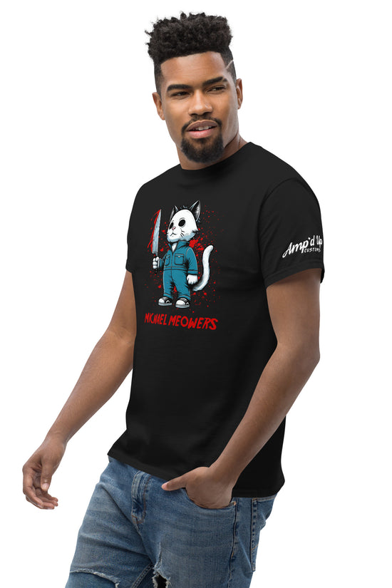 Black Michael Meowers T-Shirt by Amp'd Up Custom featuring graphic of a cat in blue outfit holding a knife