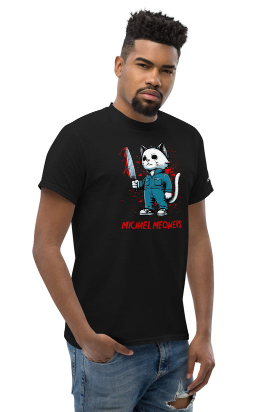 Black Michael Meowers T-Shirt featuring a cartoon cat holding a bloody knife graphic