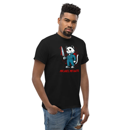 Black Michael Meowers T-Shirt featuring a cartoon cat holding a bloody knife graphic