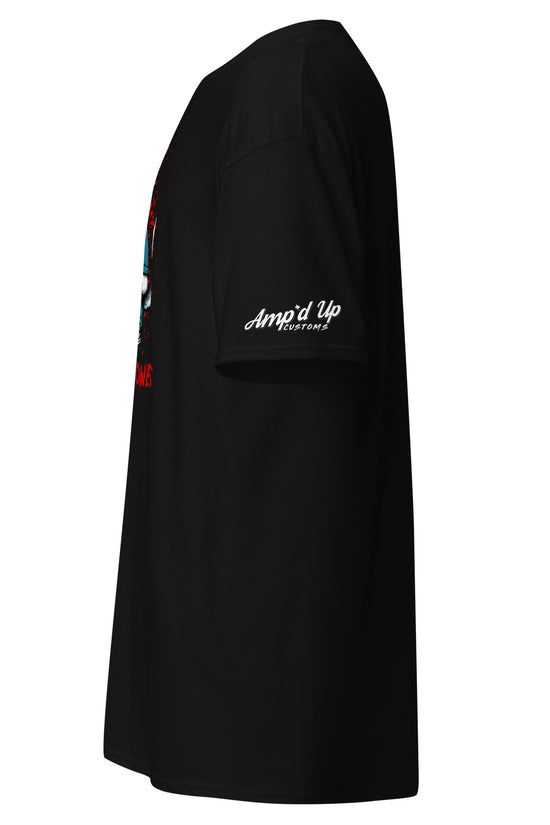 Black Michael Meowers T-Shirt by Amp'd Up Custom showing side view with logo on sleeve