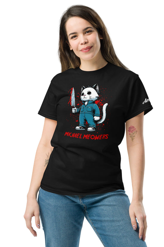 Black Michael Meowers T-Shirt featuring a cartoon cat holding a knife with red splatter design