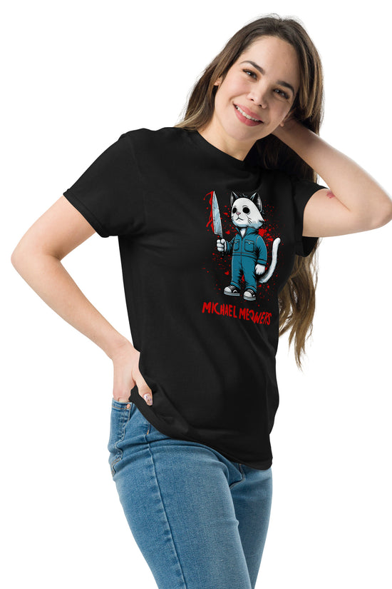 Woman wearing black Michael Meowers T-Shirt with graphic cat holding a bloody knife by Amp'd Up Custom