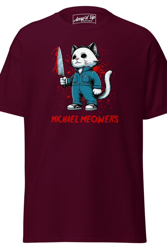 Michael Meowers T-Shirt by Amp'd Up Custom featuring cartoon cat holding a knife on maroon background