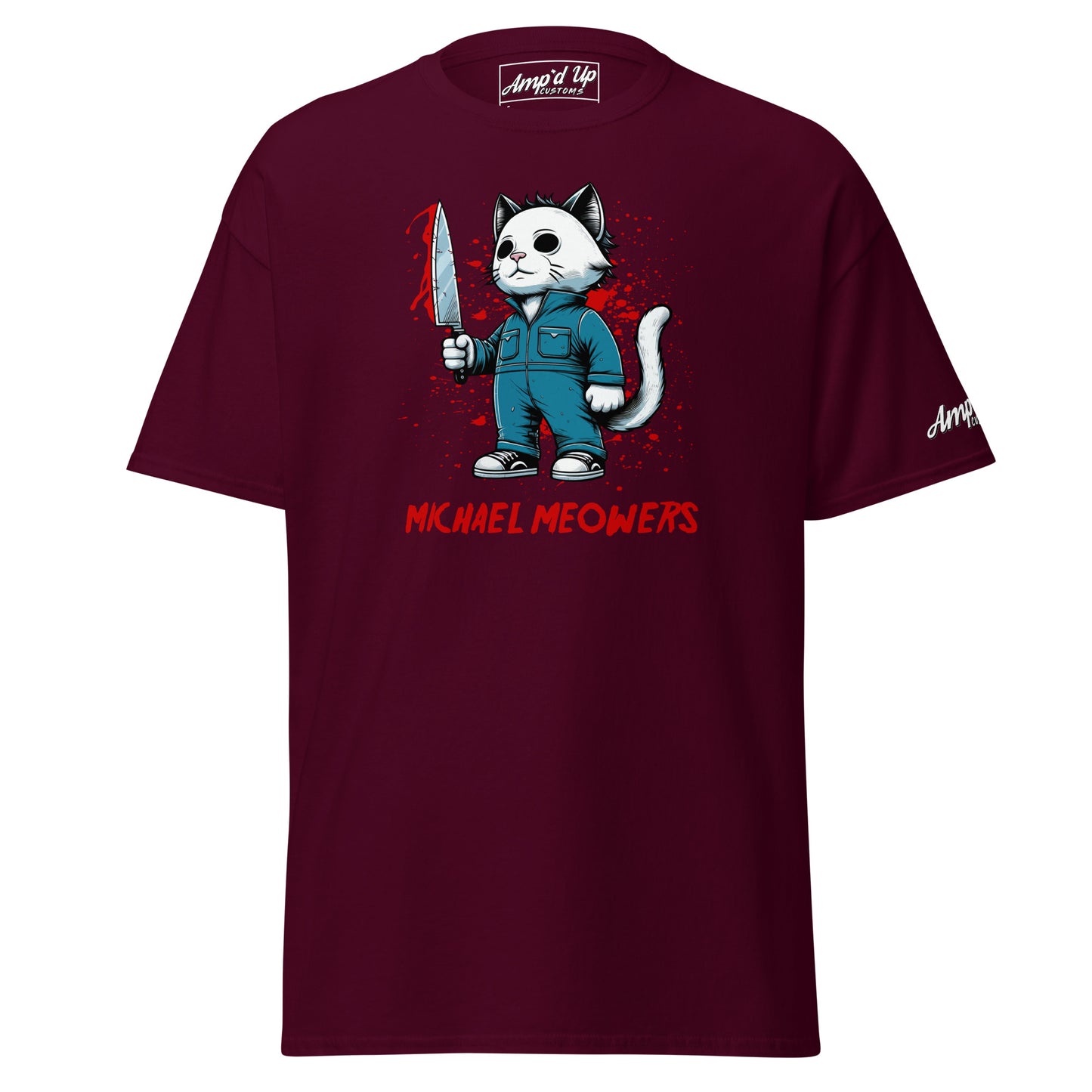 Michael Meowers T-Shirt by Amp'd Up Custom featuring cartoon cat holding a knife on maroon background