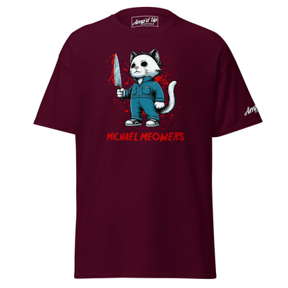 Michael Meowers T-Shirt by Amp'd Up Custom featuring cartoon cat holding a knife on maroon background