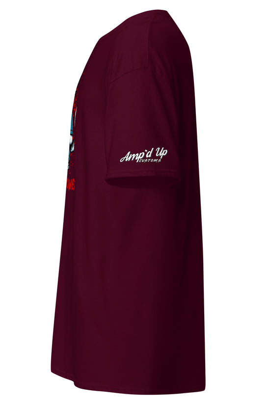Amp'd Up Custom maroon Michael Meowers T-Shirt with logo printed on sleeve in side view