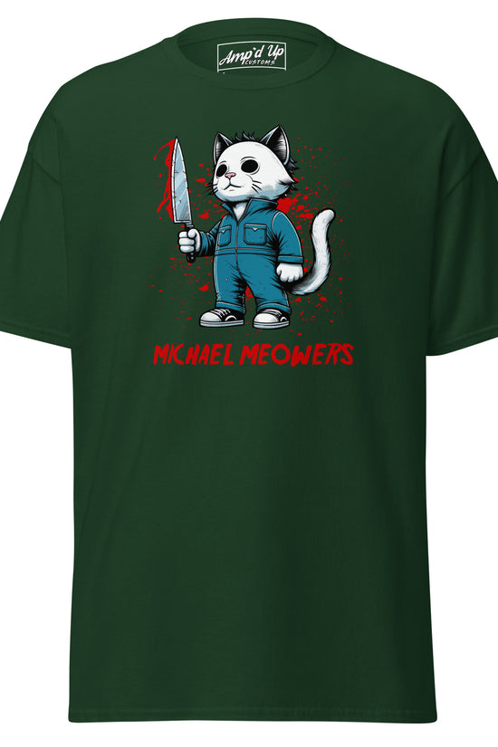 Michael Meowers T-Shirt by Amp'd Up Custom featuring a cat character in a blue jumpsuit holding a bloody knife on dark green