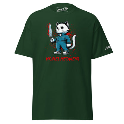 Michael Meowers T-Shirt by Amp'd Up Custom featuring a cat character in a blue jumpsuit holding a bloody knife on dark green