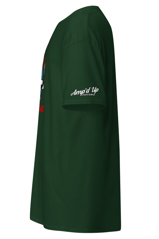 Dark green Michael Meowers T-Shirt by Amp'd Up Custom with logo on sleeve shown from side
