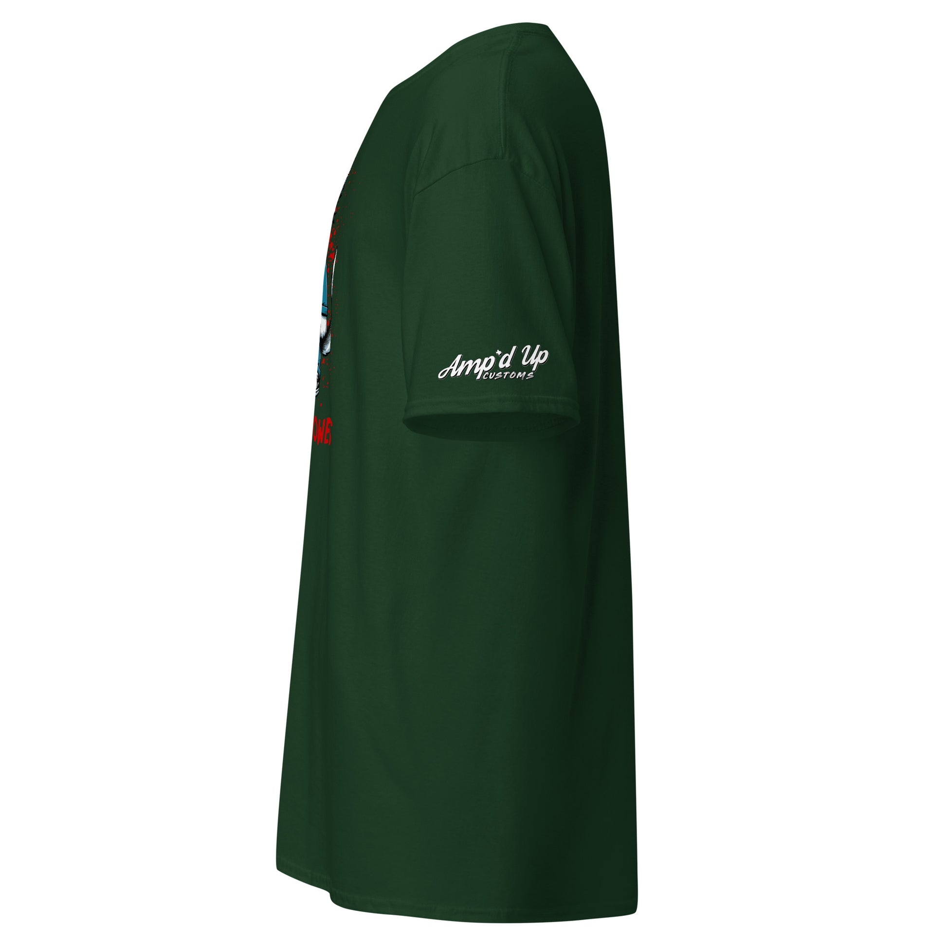 Dark green Michael Meowers T-Shirt by Amp'd Up Custom with logo on sleeve shown from side