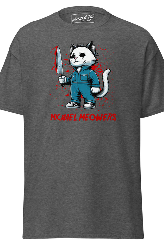 Gray Michael Meowers T-Shirt by Amp'd Up Custom featuring cartoon cat holding bloody knife graphic