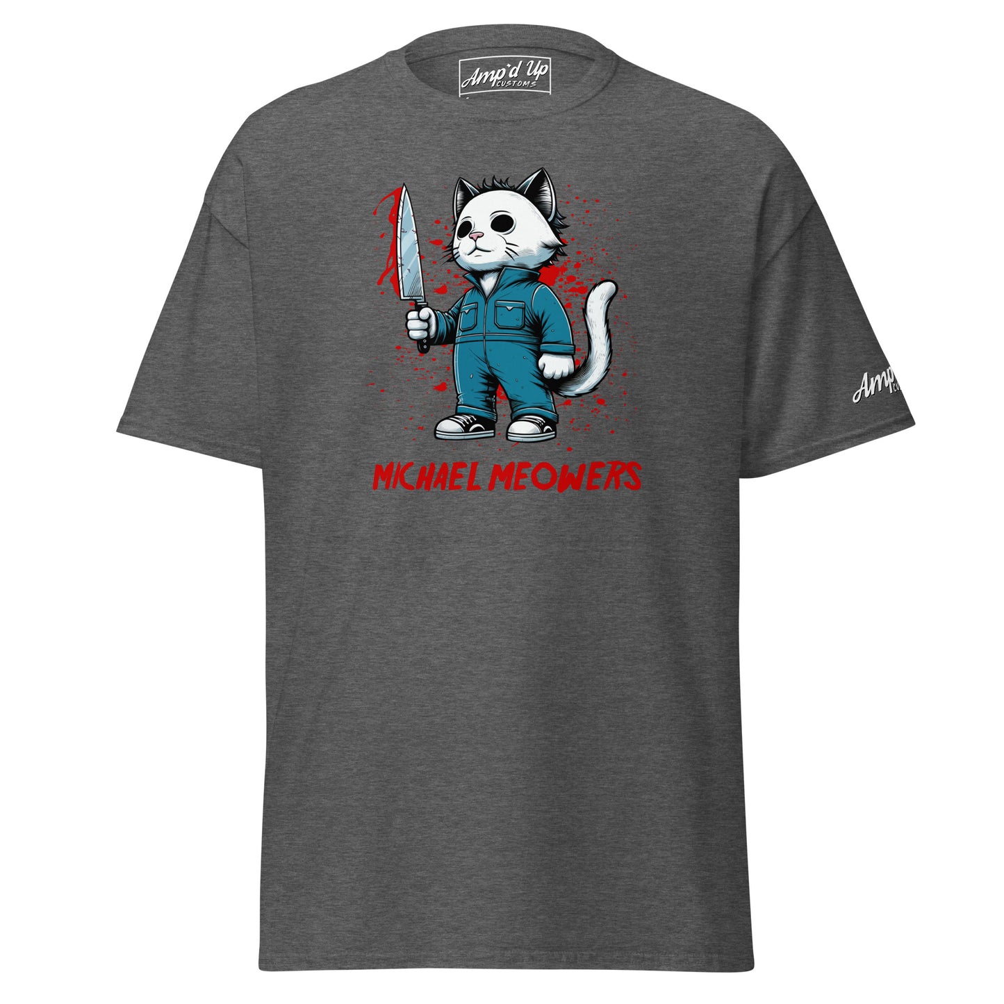 Gray Michael Meowers T-Shirt by Amp'd Up Custom featuring cartoon cat holding bloody knife graphic