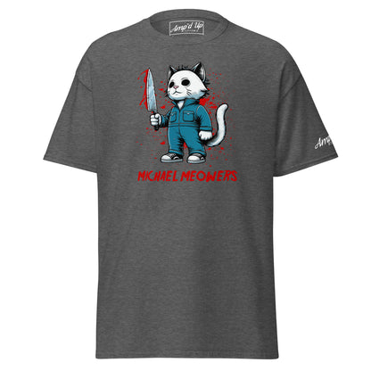 Gray Michael Meowers T-Shirt by Amp'd Up Custom featuring cartoon cat holding bloody knife graphic