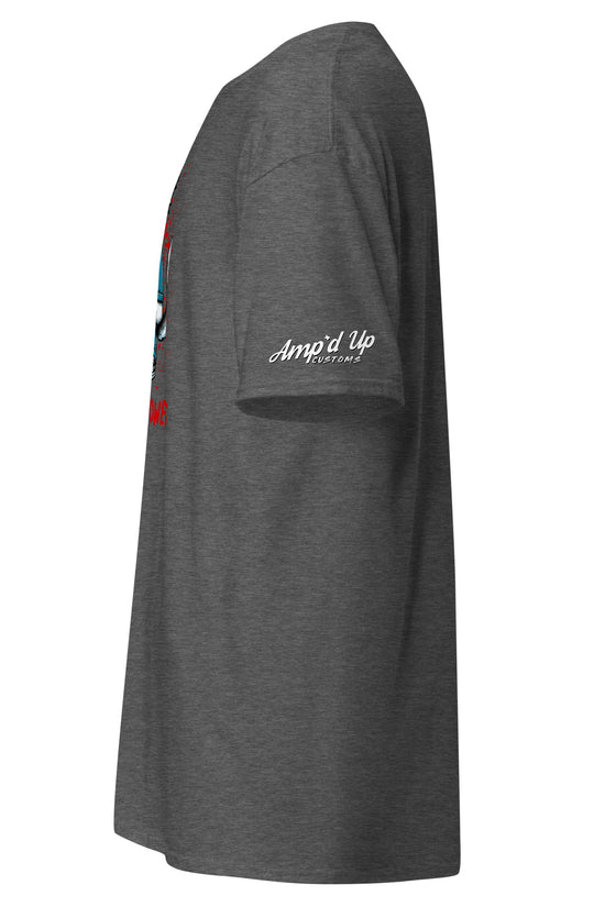 Side view of a gray Michael Meowers T-Shirt by Amp'd Up Custom with logo on sleeve