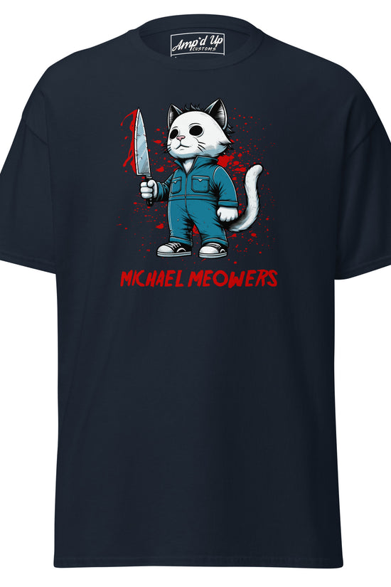 Michael Meowers T-Shirt by Amp'd Up Custom featuring a cat in a blue jumpsuit holding a bloody knife