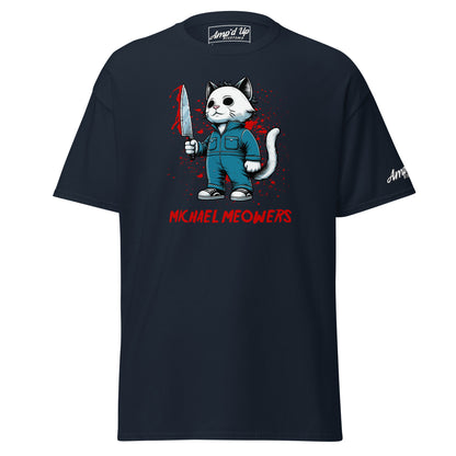 Michael Meowers T-Shirt by Amp'd Up Custom featuring a cat in a blue jumpsuit holding a bloody knife