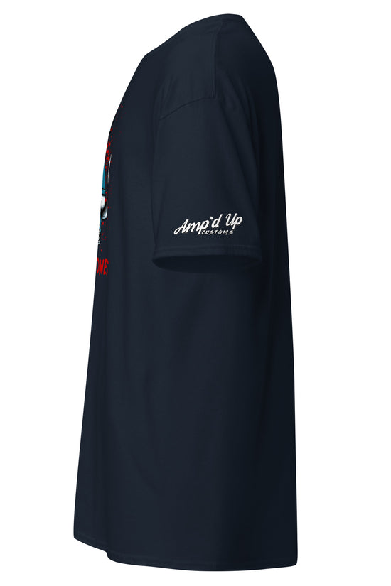 Side view of Michael Meowers T-Shirt by Amp'd Up Custom in black with logo on sleeve