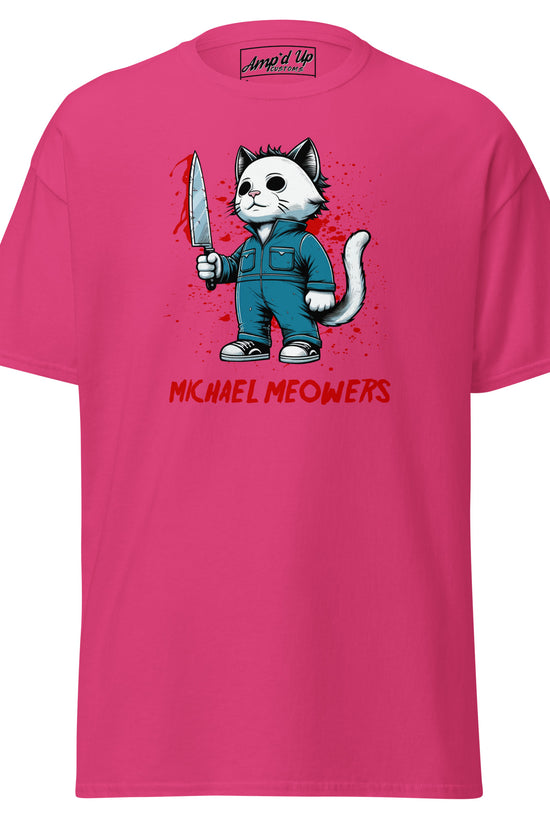 Pink Michael Meowers T-Shirt by Amp'd Up Custom featuring cat character holding bloodied knife graphic