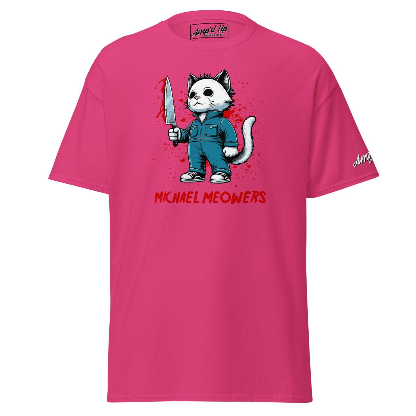 Pink Michael Meowers T-Shirt by Amp'd Up Custom featuring cat character holding bloodied knife graphic