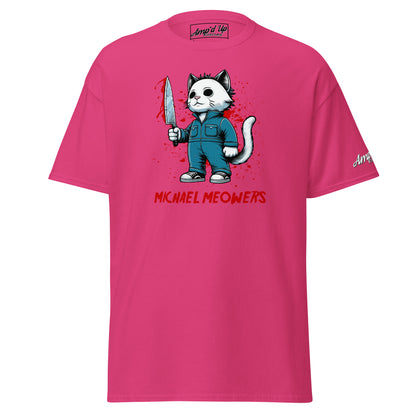 Pink Michael Meowers T-Shirt by Amp'd Up Custom featuring cat character holding bloodied knife graphic