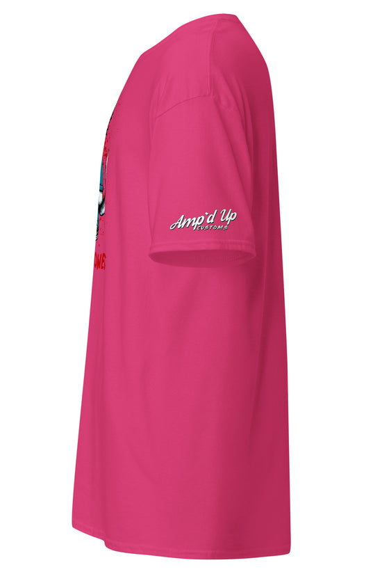 Side view of bright pink Michael Meowers T-Shirt by Amp'd Up Custom with logo on sleeve