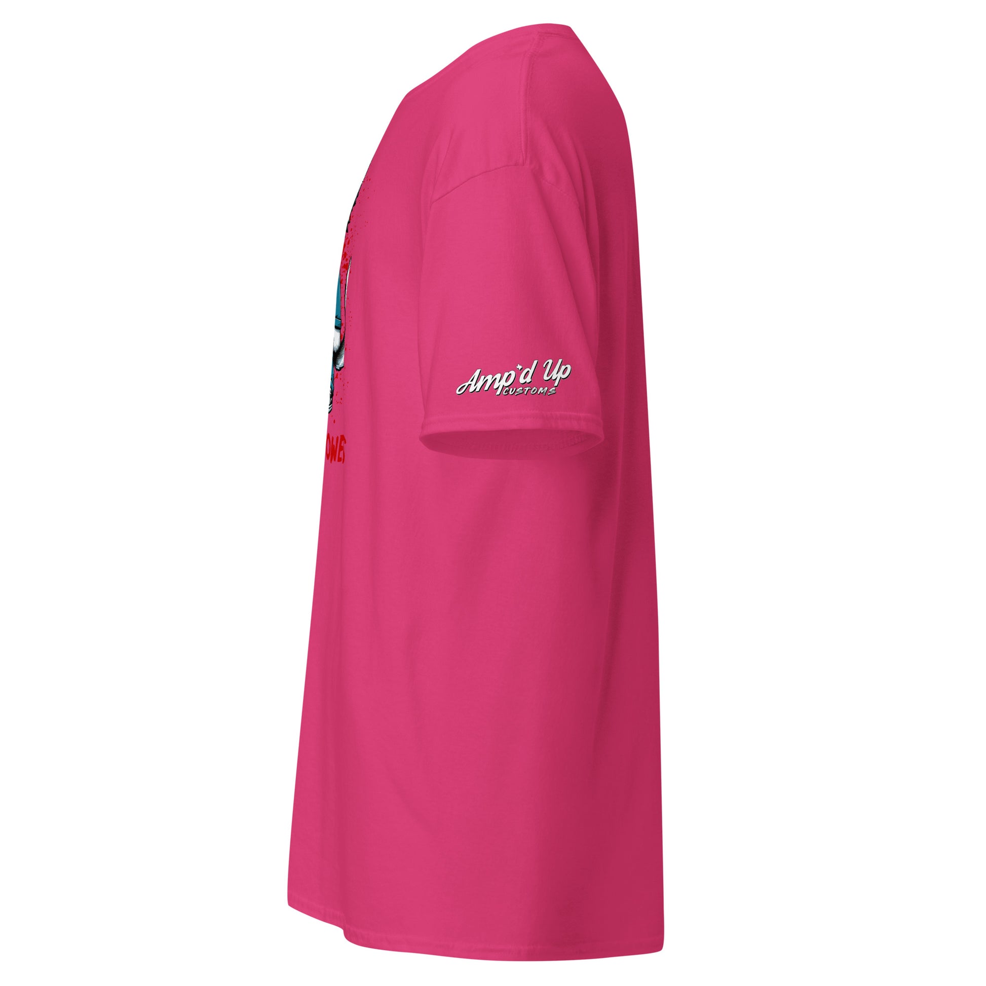Side view of bright pink Michael Meowers T-Shirt by Amp'd Up Custom with logo on sleeve