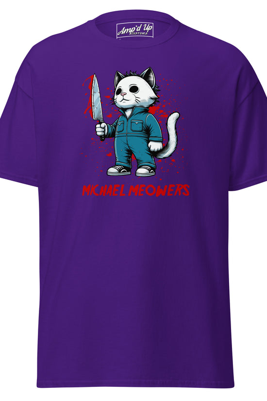 Purple Michael Meowers T-Shirt by Amp'd Up Custom with cartoon cat holding a bloody knife graphic