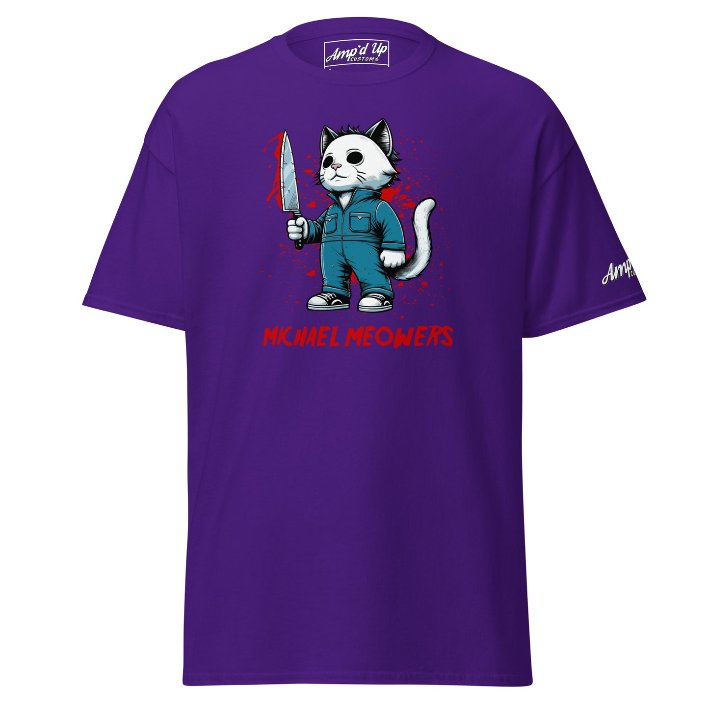 Purple Michael Meowers T-Shirt by Amp'd Up Custom with cartoon cat holding a bloody knife graphic