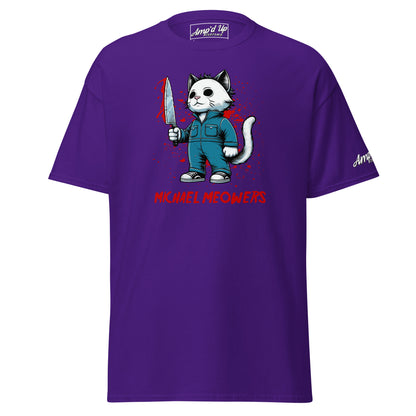 Purple Michael Meowers T-Shirt by Amp'd Up Custom with cartoon cat holding a bloody knife graphic