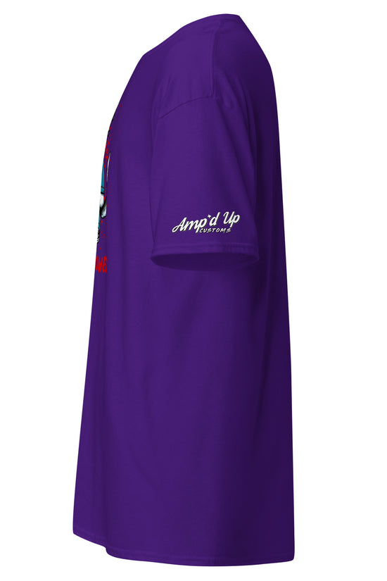 Purple Michael Meowers T-Shirt by Amp'd Up Custom showing side view with logo on sleeve