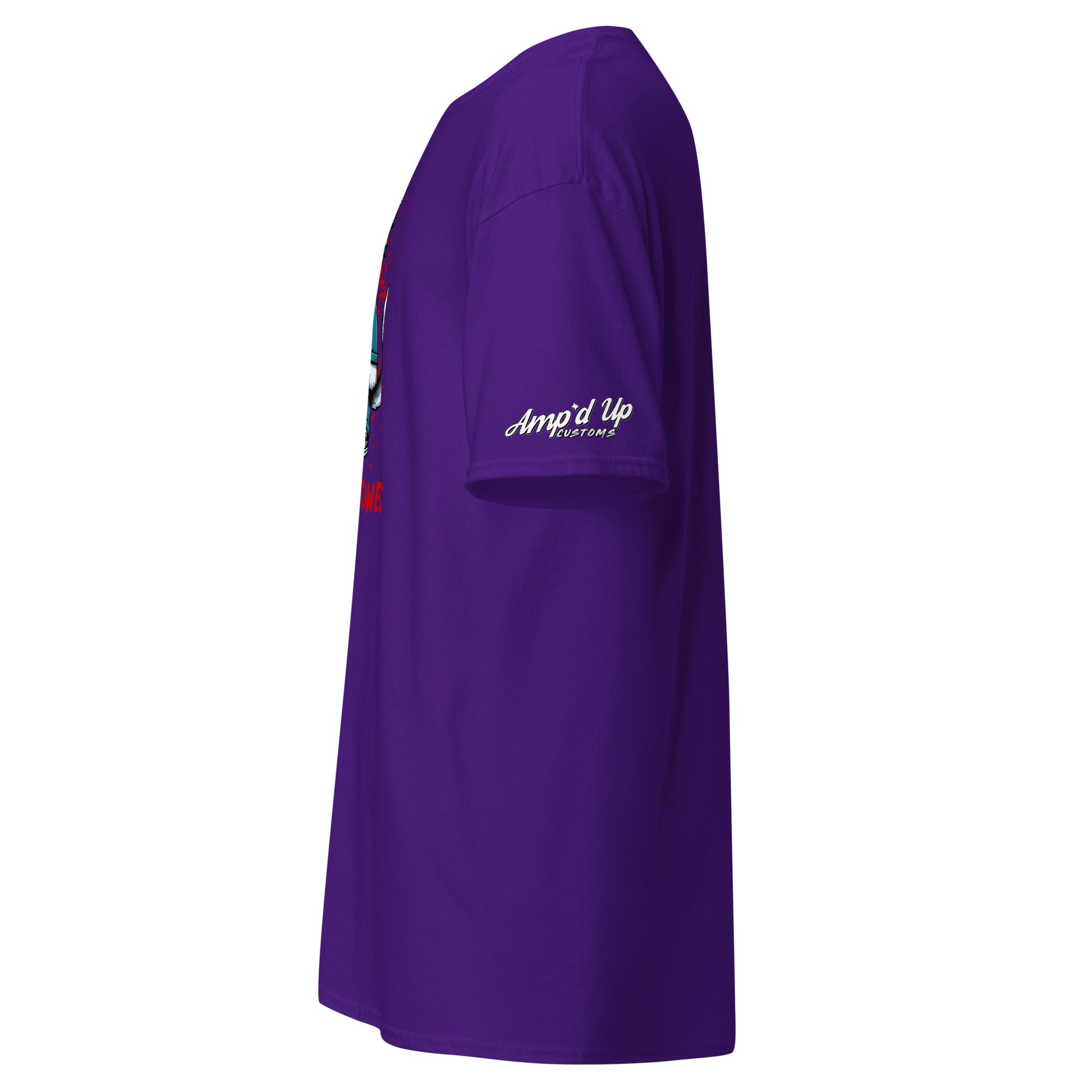Purple Michael Meowers T-Shirt by Amp'd Up Custom showing side view with logo on sleeve