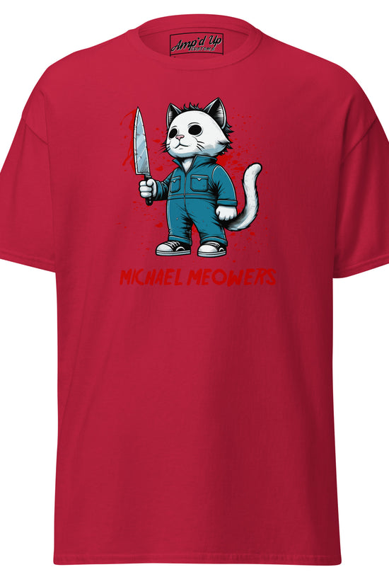Red Michael Meowers T-Shirt by Amp'd Up Custom featuring cartoon cat holding knife graphic