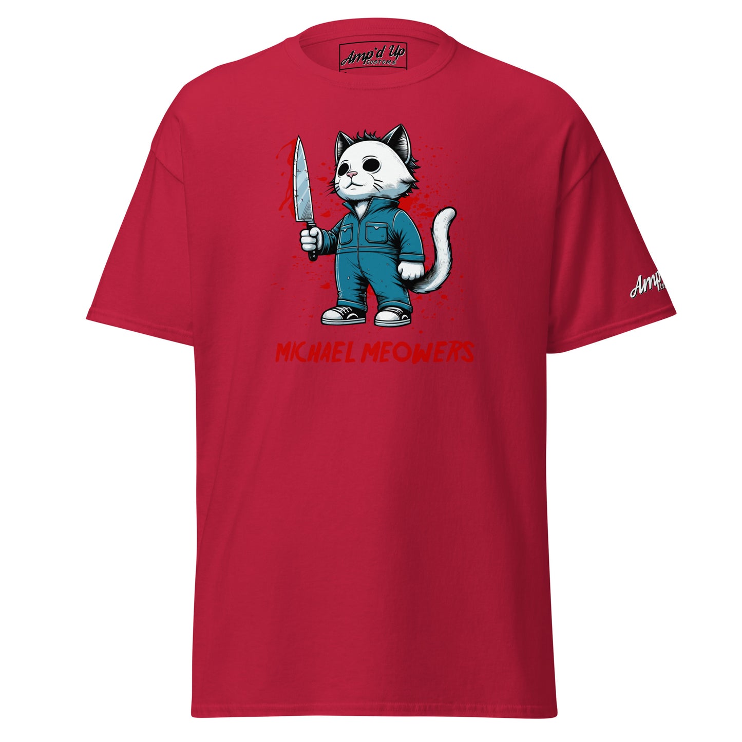 Red Michael Meowers T-Shirt by Amp'd Up Custom featuring cartoon cat holding knife graphic