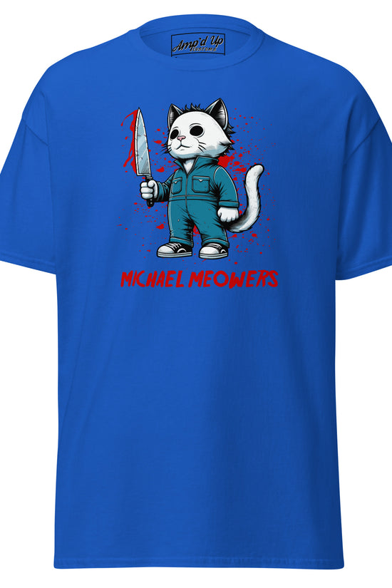 Amp'd Up Custom blue Michael Meowers T-Shirt with cartoon cat holding bloody knife graphic