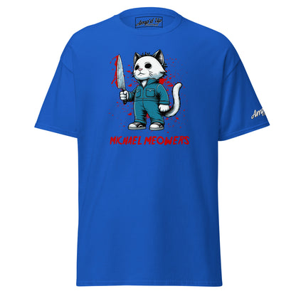 Amp'd Up Custom blue Michael Meowers T-Shirt with cartoon cat holding bloody knife graphic