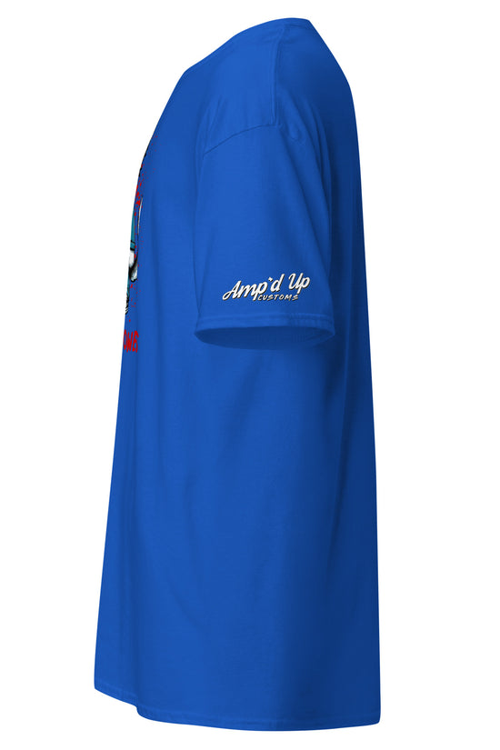 Blue Michael Meowers T-Shirt by Amp'd Up Custom with logo on sleeve in side view