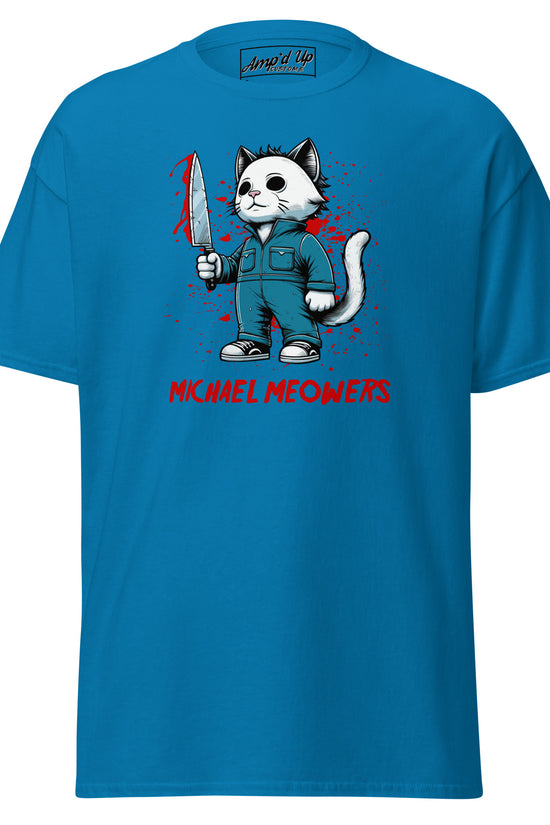 Amp'd Up Custom blue Michael Meowers T-Shirt with cartoon cat holding a bloodied knife graphic